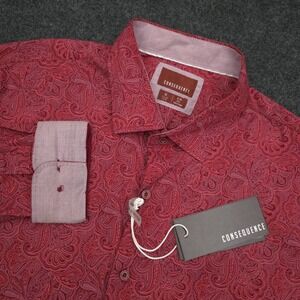 Consequence Mens XL Red Cran Tonal City Paisley Slim Fit Button Up Dress Shirt